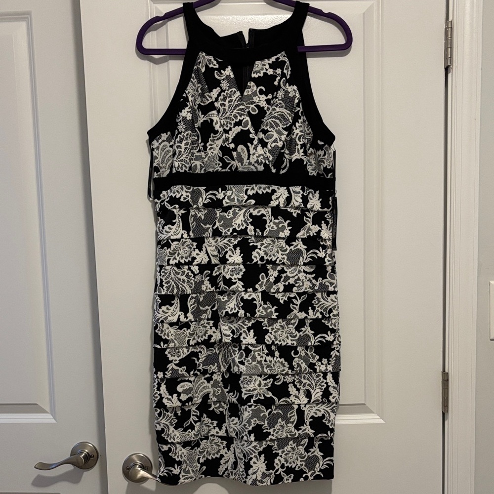 White House Black Market Black & White Lace-Overlay Midi Dress